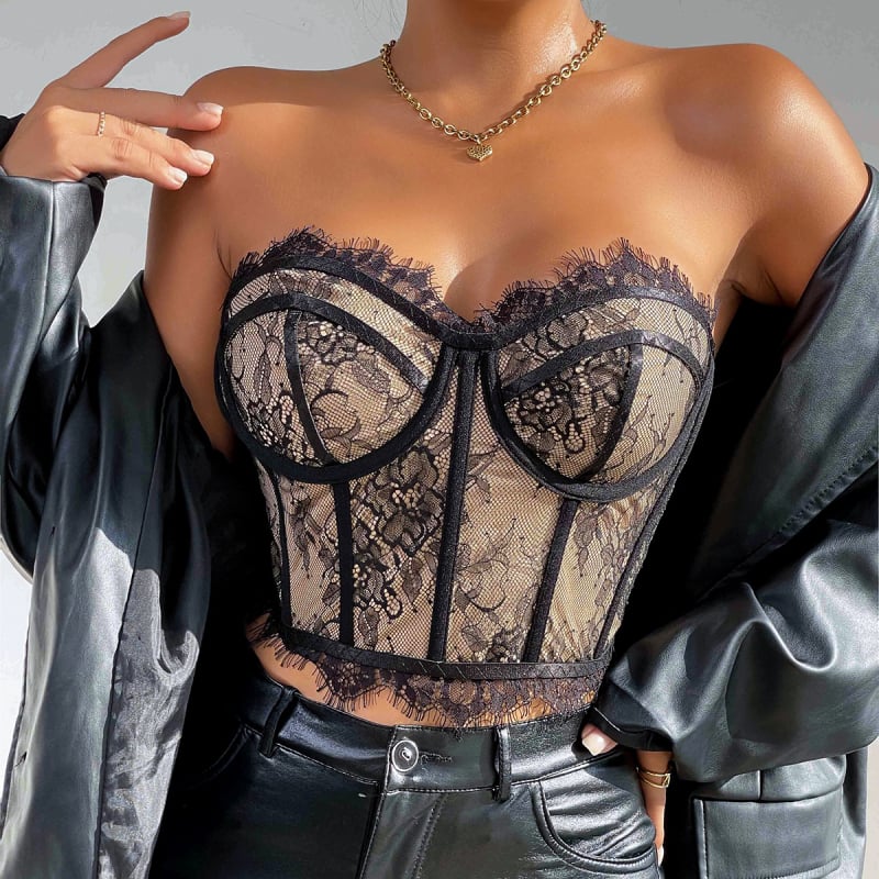 Čipkasti tube top bez naramenica s metalnim prstenom i podrškom od riblje kosti, floralni uzorak, poliester 90–95% i spandeks <30%