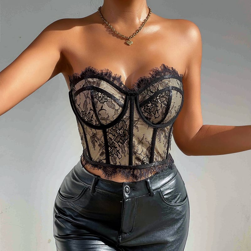 Čipkasti tube top bez naramenica s metalnim prstenom i podrškom od riblje kosti, floralni uzorak, poliester 90–95% i spandeks <30%