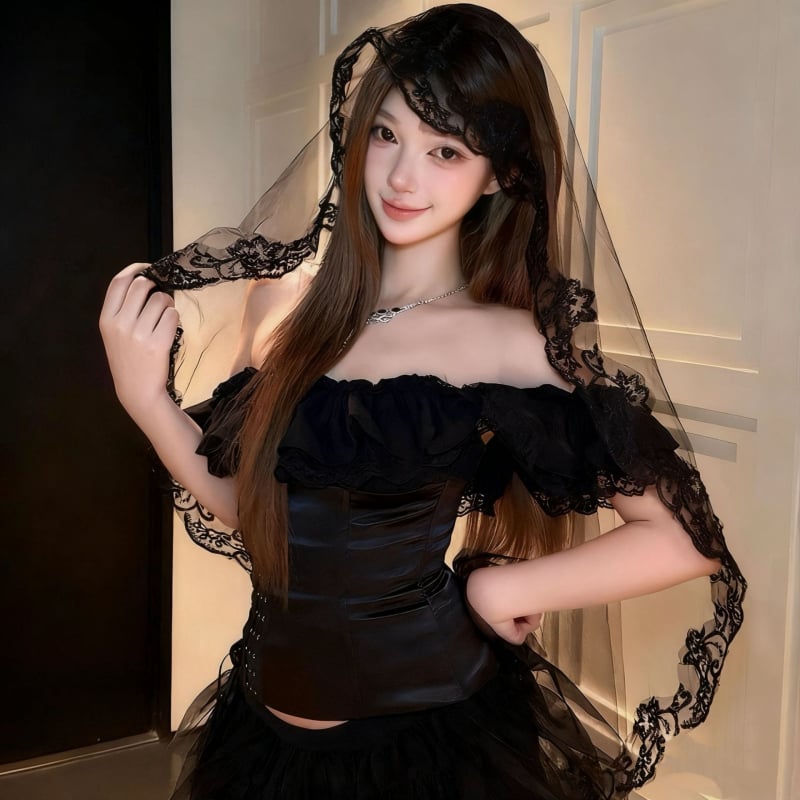 Accesoriu pentru cap din dantelă, stil gotic, cu floare, pentru femei – cosplay Mireasă Fantomă