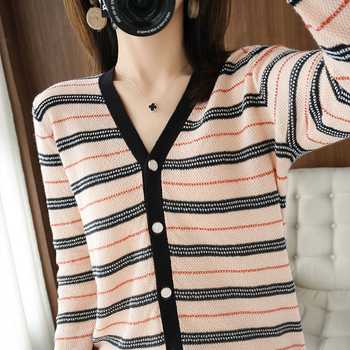 Γυναικείος πλεκτός cardigan με ρίγες και χρωματικό μπλοκ — OEM παραγωγή βάσει σχεδίων, κύκλος δοκιμών 7 ημερών, χωρητικότητα 1000 τεμάχια/ημέρα, μεσαίας κατηγορίας παραγωγή, στυλ Ιαπωνίας και Νότιας Κορέας