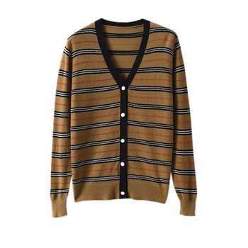 Γυναικείος πλεκτός cardigan με ρίγες και χρωματικό μπλοκ — OEM παραγωγή βάσει σχεδίων, κύκλος δοκιμών 7 ημερών, χωρητικότητα 1000 τεμάχια/ημέρα, μεσαίας κατηγορίας παραγωγή, στυλ Ιαπωνίας και Νότιας Κορέας