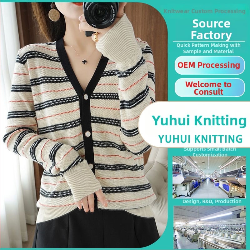 Γυναικείος πλεκτός cardigan με ρίγες και χρωματικό μπλοκ — OEM παραγωγή βάσει σχεδίων, κύκλος δοκιμών 7 ημερών, χωρητικότητα 1000 τεμάχια/ημέρα, μεσαίας κατηγορίας παραγωγή, στυλ Ιαπωνίας και Νότιας Κορέας