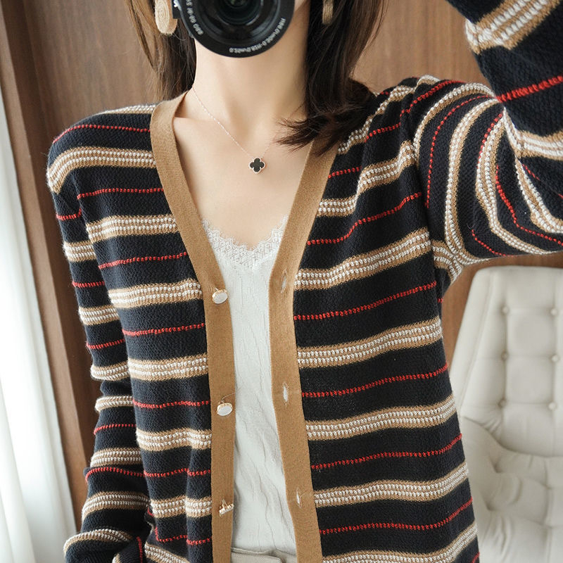 Γυναικείος πλεκτός cardigan με ρίγες και χρωματικό μπλοκ — OEM παραγωγή βάσει σχεδίων, κύκλος δοκιμών 7 ημερών, χωρητικότητα 1000 τεμάχια/ημέρα, μεσαίας κατηγορίας παραγωγή, στυλ Ιαπωνίας και Νότιας Κορέας