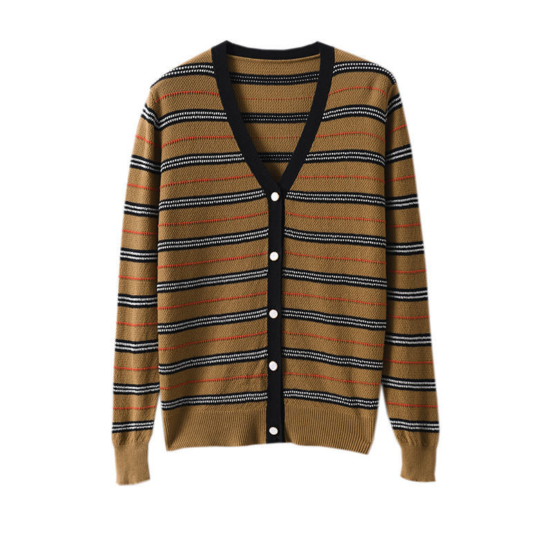 Γυναικείος πλεκτός cardigan με ρίγες και χρωματικό μπλοκ — OEM παραγωγή βάσει σχεδίων, κύκλος δοκιμών 7 ημερών, χωρητικότητα 1000 τεμάχια/ημέρα, μεσαίας κατηγορίας παραγωγή, στυλ Ιαπωνίας και Νότιας Κορέας