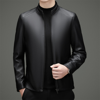 Férfiaknak készült igazi báránybőr kabát, gallér, cipzár, rombusz mintázat, poliészter bélés