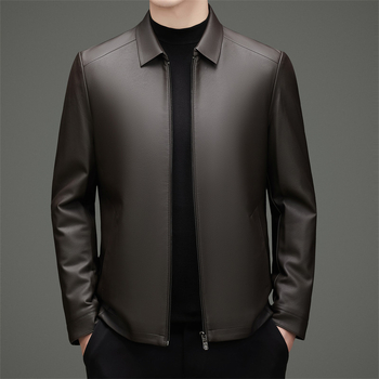 Férfiaknak készült igazi báránybőr kabát, gallér, cipzár, rombusz mintázat, poliészter bélés