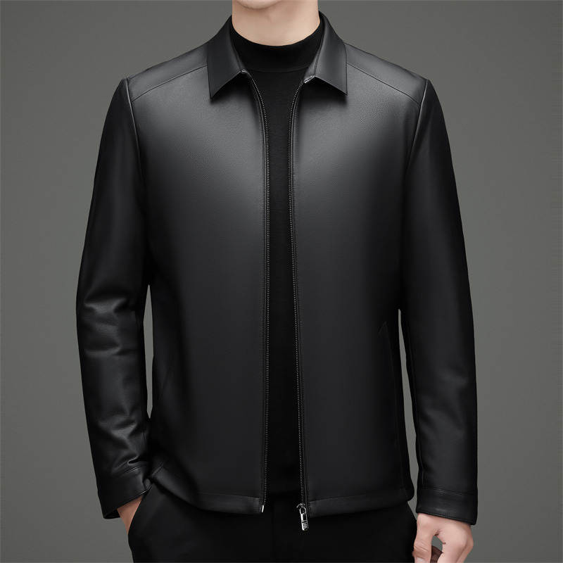 Férfiaknak készült igazi báránybőr kabát, gallér, cipzár, rombusz mintázat, poliészter bélés