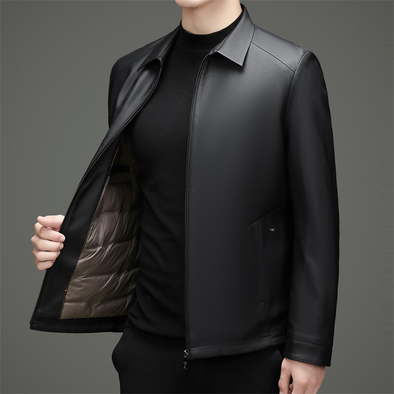 Férfiaknak készült igazi báránybőr kabát, gallér, cipzár, rombusz mintázat, poliészter bélés