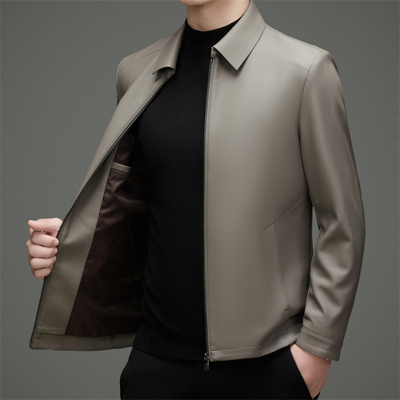 Férfiaknak készült igazi báránybőr kabát, gallér, cipzár, rombusz mintázat, poliészter bélés