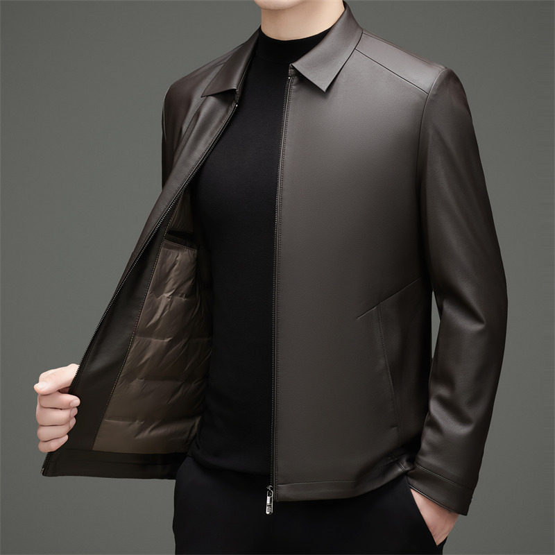 Férfiaknak készült igazi báránybőr kabát, gallér, cipzár, rombusz mintázat, poliészter bélés