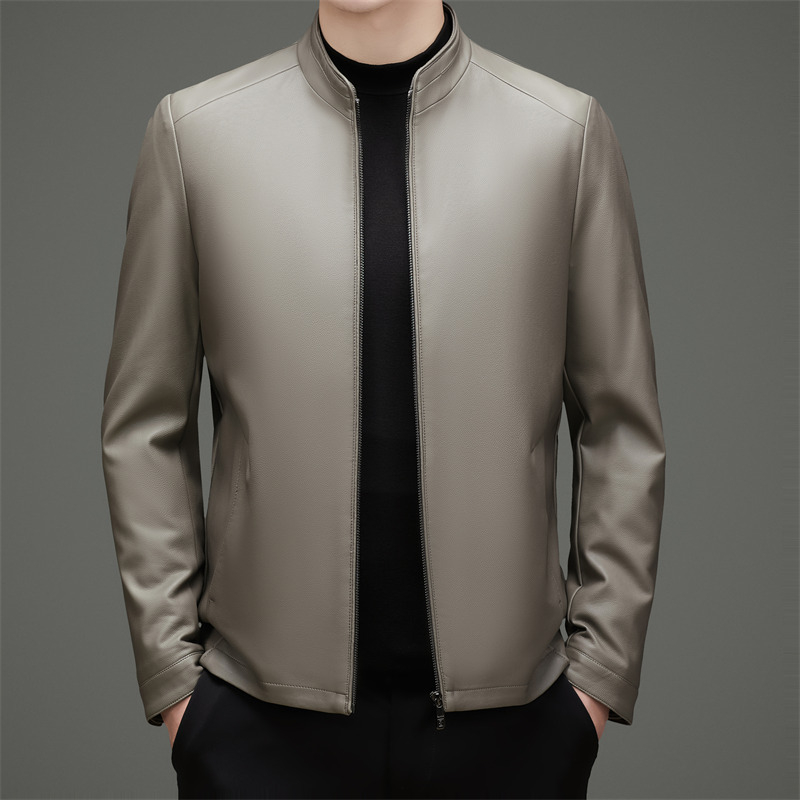 Férfiaknak készült igazi báránybőr kabát, gallér, cipzár, rombusz mintázat, poliészter bélés