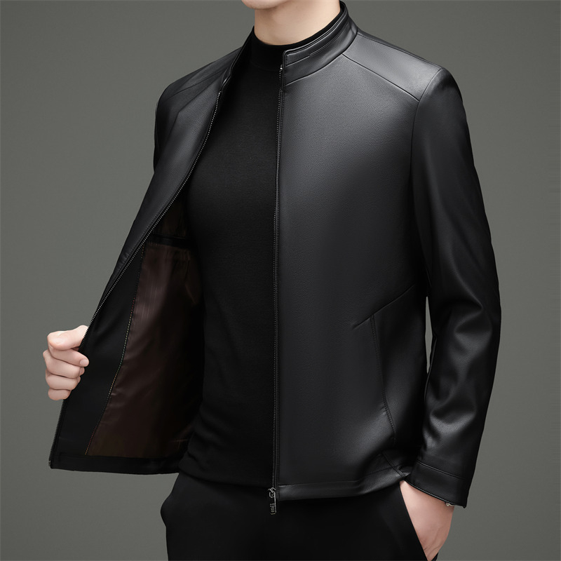 Férfiaknak készült igazi báránybőr kabát, gallér, cipzár, rombusz mintázat, poliészter bélés