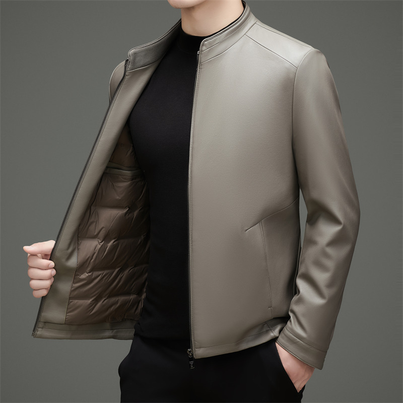 Férfiaknak készült igazi báránybőr kabát, gallér, cipzár, rombusz mintázat, poliészter bélés