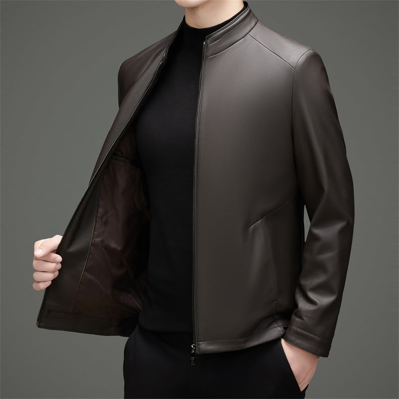 Férfiaknak készült igazi báránybőr kabát, gallér, cipzár, rombusz mintázat, poliészter bélés