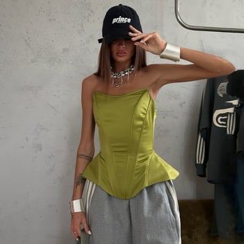 Tip: tube top bez naramenica; kroj uskim strukom; zakrivljeni rub; materijal: saten, poliester 70–80% i spandex <30%