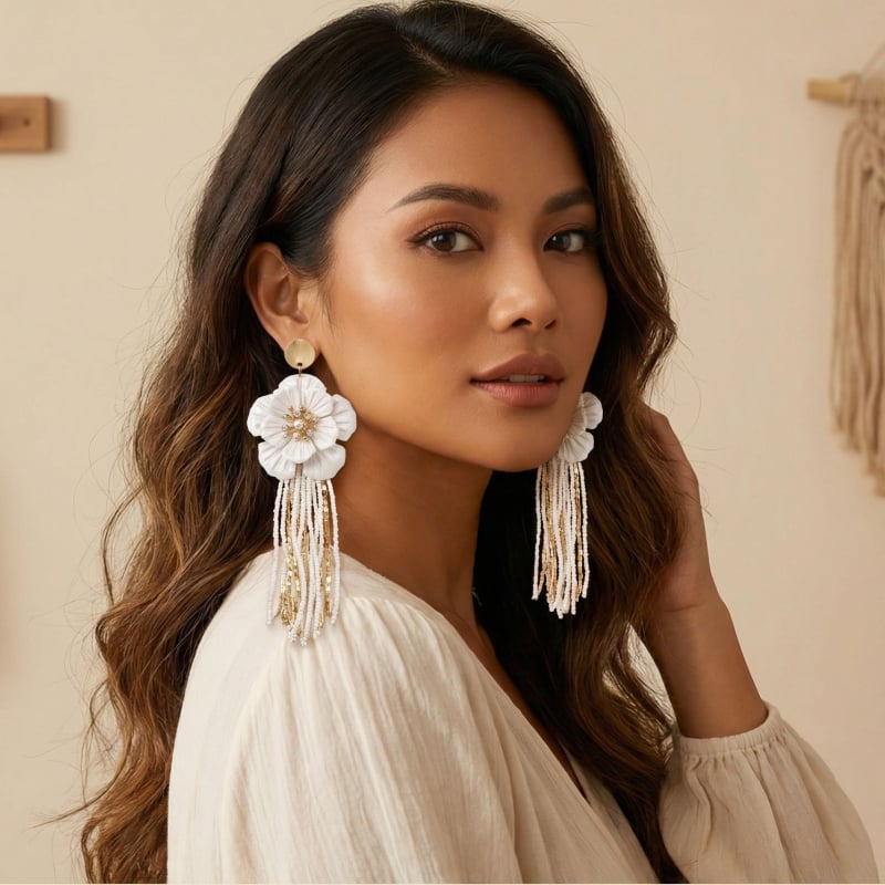 Обeци – флорална стилизация, пискюлна висулка, ушни игли от сребро 925, смесени материали, емалово покритие