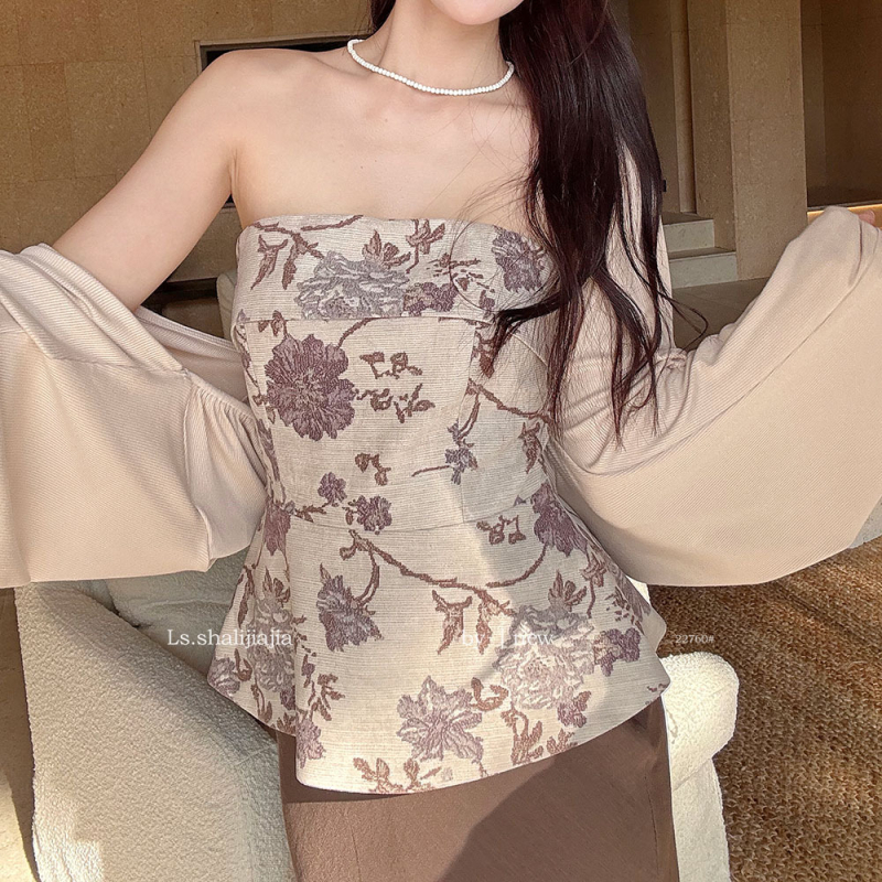 Bustier top s retro floral printom, bez naramenica, slim fit, kratka duljina 40–50 cm