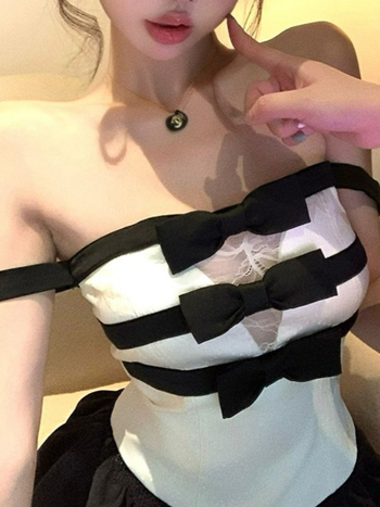 Čipkasti top s čvorom leptira, bez naramenica, bez leđa, A-linija, ljeto 2024, poliester 30–50% (PDD570997484720)