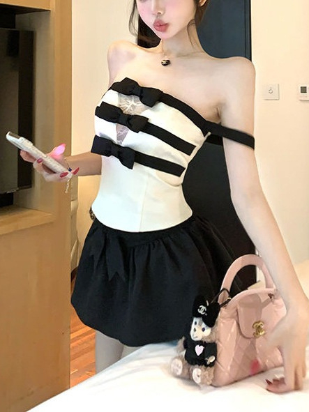 Čipkasti top s čvorom leptira, bez naramenica, bez leđa, A-linija, ljeto 2024, poliester 30–50% (PDD570997484720)