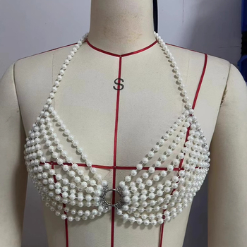 Gornji dio s perljanim lancem i uklonjivim kaiševima, ultra kratak kroj, geometrijski uzorak, tkanina od perli