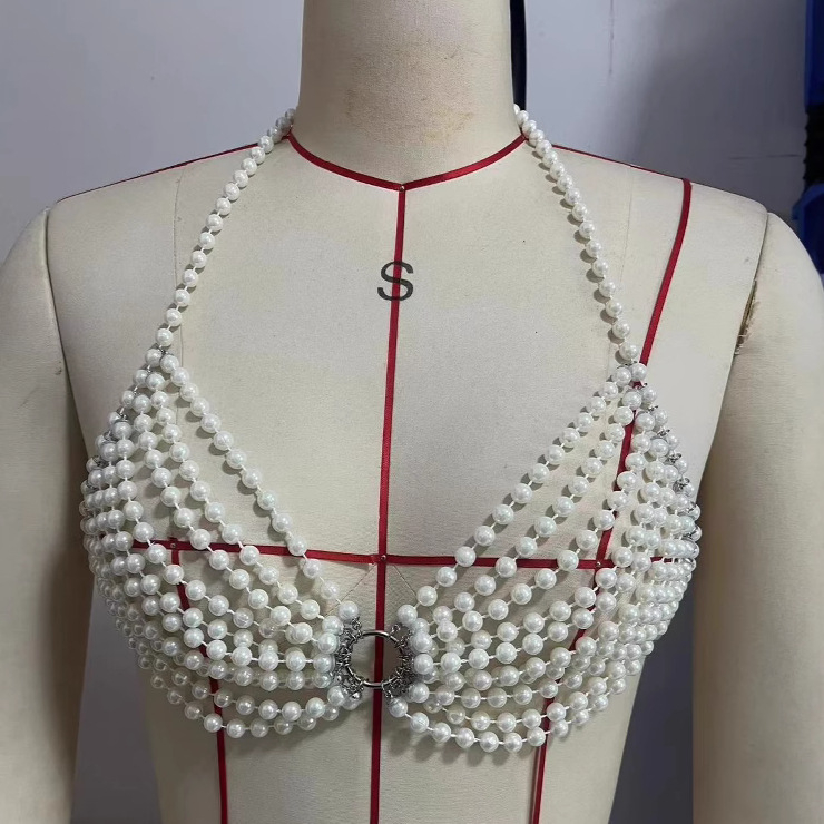 Gornji dio s perljanim lancem i uklonjivim kaiševima, ultra kratak kroj, geometrijski uzorak, tkanina od perli