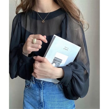 Laza chiffon felső kerek nyakkal, lámpa ujjak, csíkos minta, akril rost