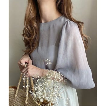 Laza chiffon felső kerek nyakkal, lámpa ujjak, csíkos minta, akril rost