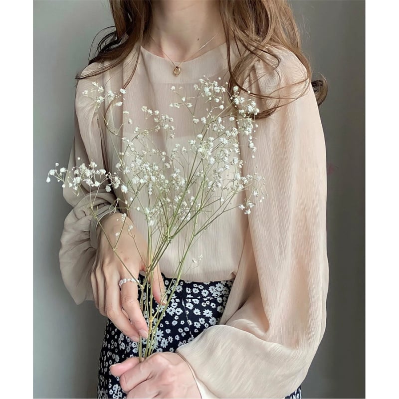 Laza chiffon felső kerek nyakkal, lámpa ujjak, csíkos minta, akril rost