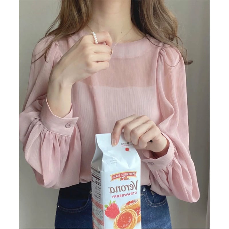 Laza chiffon felső kerek nyakkal, lámpa ujjak, csíkos minta, akril rost