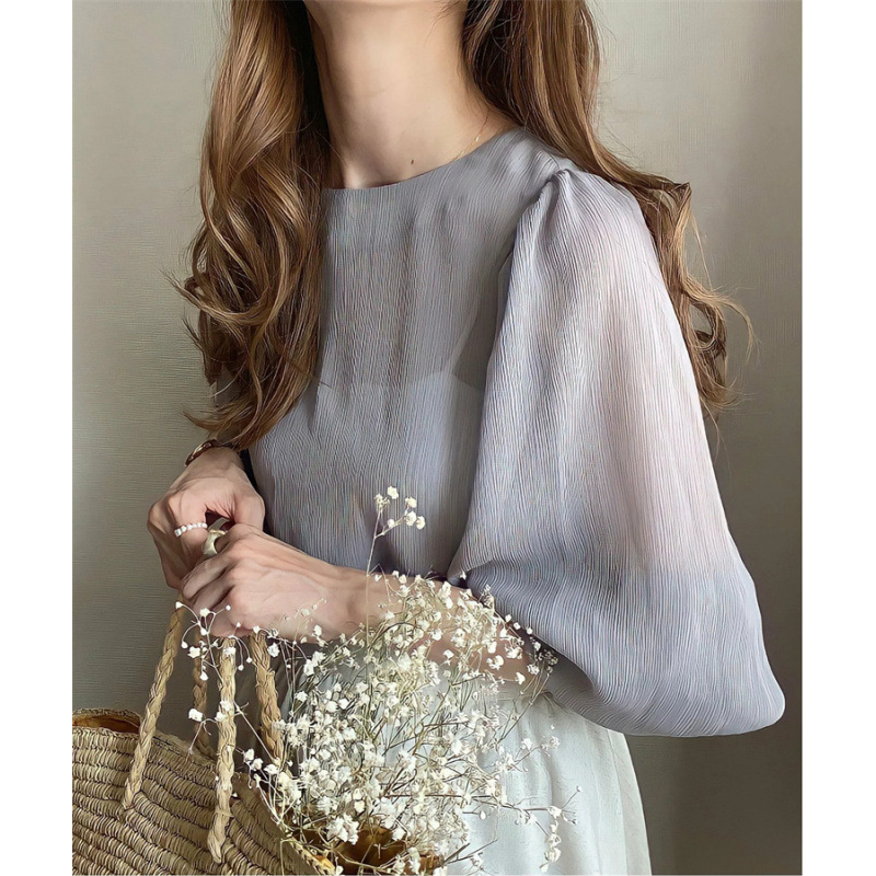 Laza chiffon felső kerek nyakkal, lámpa ujjak, csíkos minta, akril rost