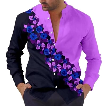 Férfi ing 3D virágos mintával, laza szabás, hosszú ujjak, gallér