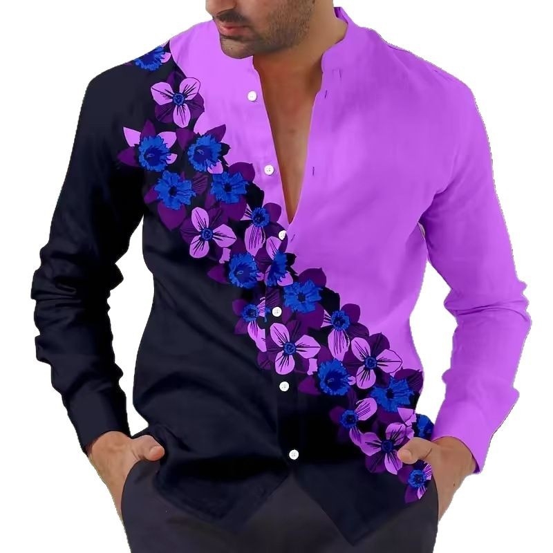 Férfi ing 3D virágos mintával, laza szabás, hosszú ujjak, gallér