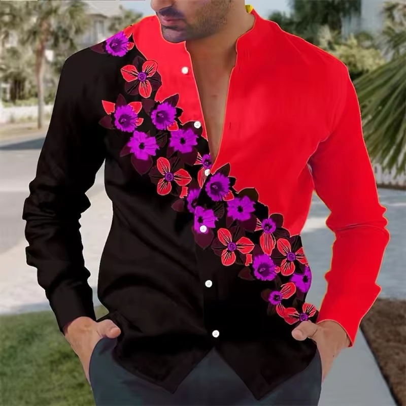 Férfi ing 3D virágos mintával, laza szabás, hosszú ujjak, gallér