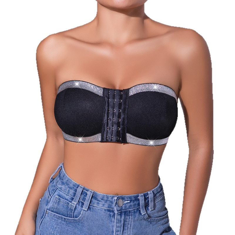 Najlon tube top grudnjak, bez oblikovanih košarica, prednje kopčanje, skupljački efekt, ljeto 2025