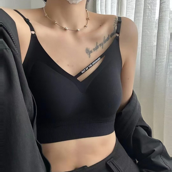 6513-2 Besprijekoran grudnjak bez šavova s V-izrezom i Chest Wrap dizajnom, debeli oblikovani košarice, puni košarice, prozračan, sportski stil top