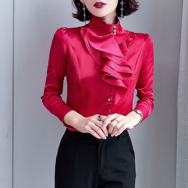 Košulja od poliestera s dugim rukavima, stojeći ovratnik, jednobojna, uski kroj