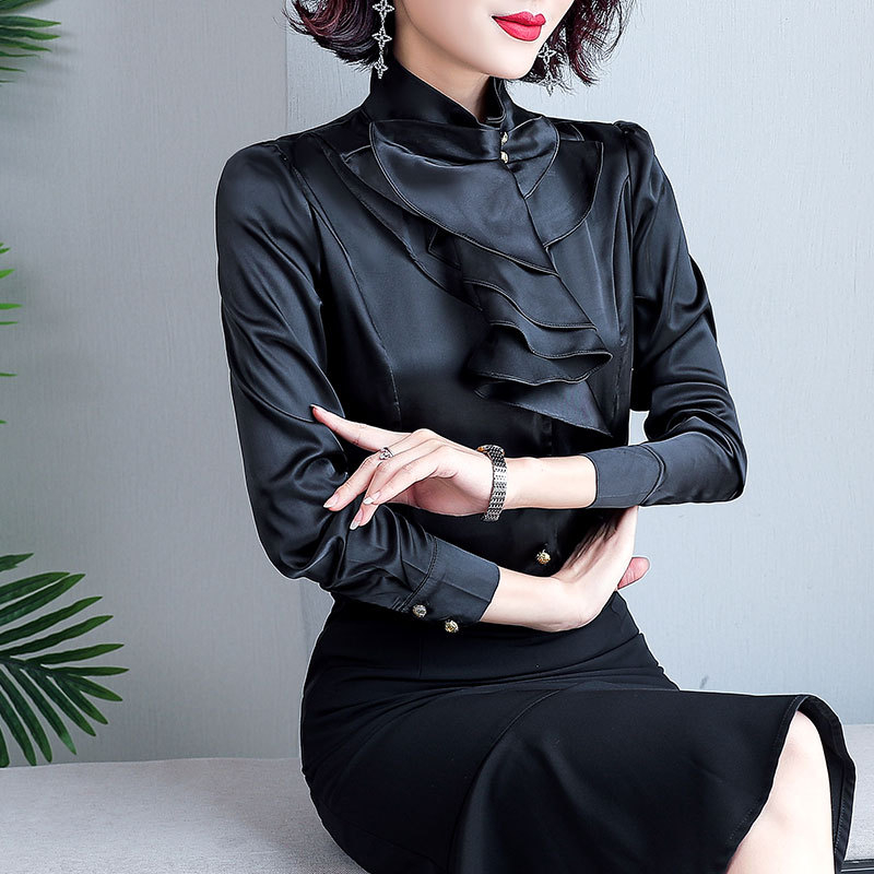 Košulja od poliestera s dugim rukavima, stojeći ovratnik, jednobojna, uski kroj