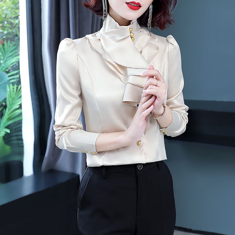 Košulja od poliestera s dugim rukavima, stojeći ovratnik, jednobojna, uski kroj