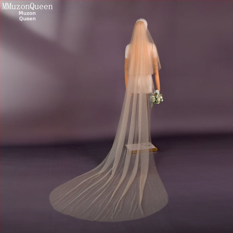 Vălul de mireasă dublu strat, în stil catedral, formă în val, nylon, personalizabil — V90