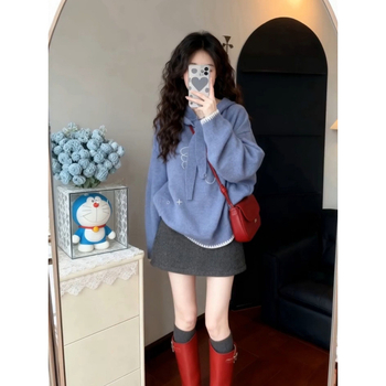 Ženski debeli pleteni džemper s kapuljom, slobodan kroj, ptičji uzorak