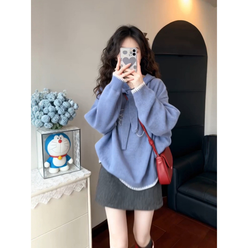 Ženski debeli pleteni džemper s kapuljom, slobodan kroj, ptičji uzorak