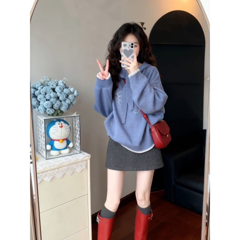 Ženski debeli pleteni džemper s kapuljom, slobodan kroj, ptičji uzorak