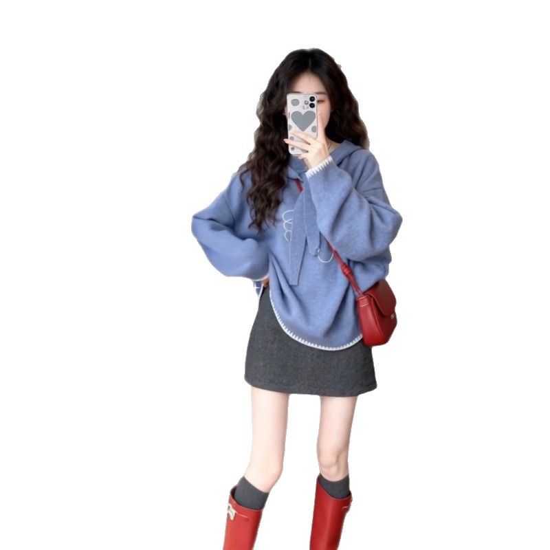 Ženski debeli pleteni džemper s kapuljom, slobodan kroj, ptičji uzorak