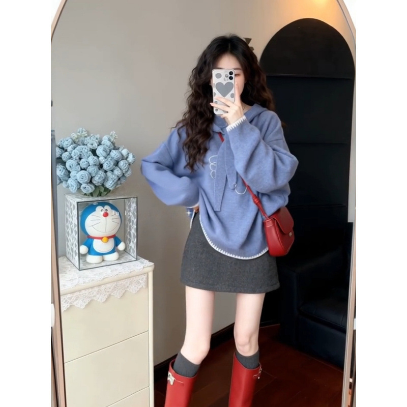 Ženski debeli pleteni džemper s kapuljom, slobodan kroj, ptičji uzorak