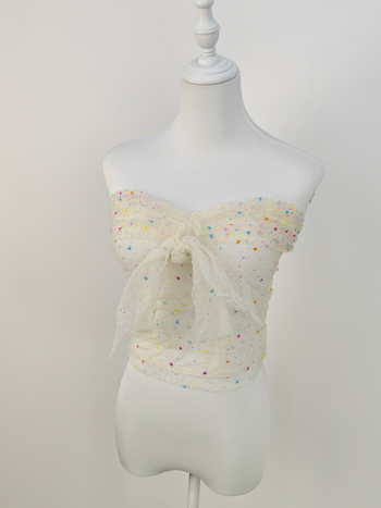 Kamisol top s mrežastim printom srca, halter naramenice, uski kroj, materijal akril-spandeks, duljina 40–50 cm