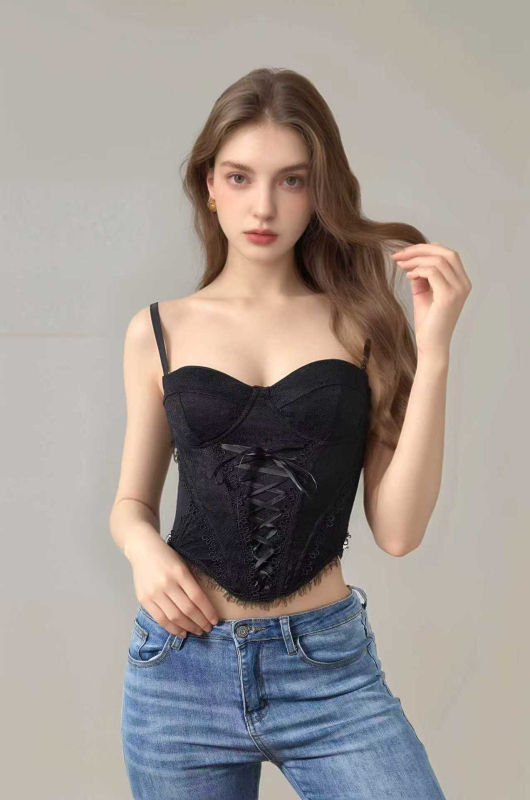 Čipkasti camisole s mašnicom i odvojivim naramenicama, uski kroj, 95% poliester, mikroelastičnost, za odrasle žene, gradski stil