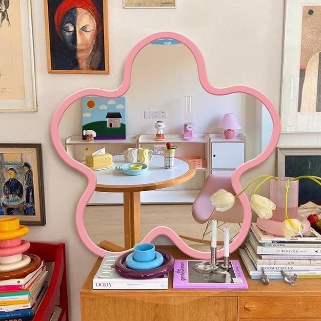 Πίνακας-καθρέφτης με λουλούδια – Cream στυλ Instagram, χωρίς πλαίσιο, καθρέφτης μακιγιάζ/γραφείου με αφηρημένη τέχνη σε τεχνητή επιφάνεια, κατάλληλο για σαλόνι ή υπνοδωμάτιο