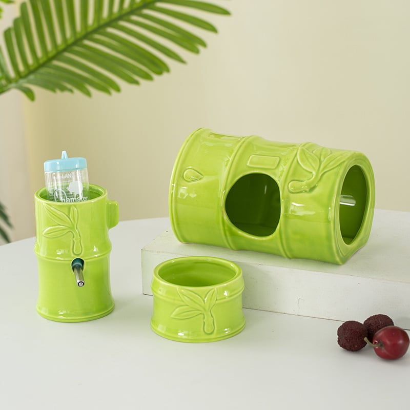 Keramičko gnijezdo za hamstera s bambusovim skloništem, keramički spremnik za vodu i bambusova zdjela – unutarnji minimalistički set, keramički materijal, lako za čišćenje, pravokutni oblik, marka St. Paul