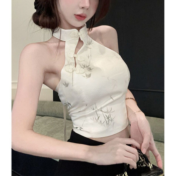 Halterneck top bez rukava, otvorena leđa, rock motiv otisak, poliester materijal, uski kroj.