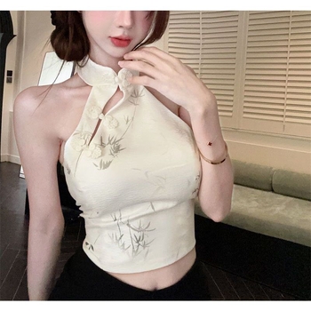 Halterneck top bez rukava, otvorena leđa, rock motiv otisak, poliester materijal, uski kroj.